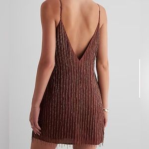 Express NWT Beautiful Beaded Fringe Low Back Mini Shift Dress, color rus…